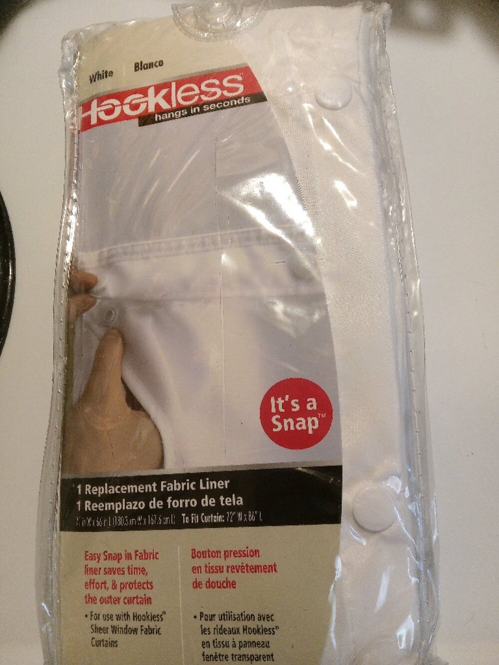 New white hookless fabric liner for shower